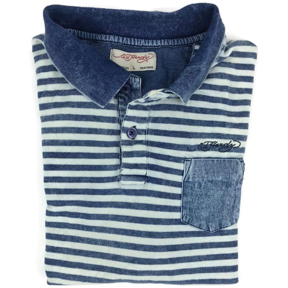 Ed Hardy White Blue Striped Pique Polo Shirt Large